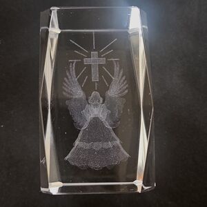 Laser Etched Glass Paper Weight-Angel With Cross 4” Tall & Heavy